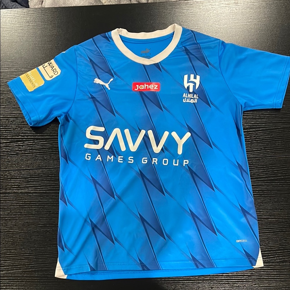 Puma Blue and White Soccer Jersey with Geometric Design
